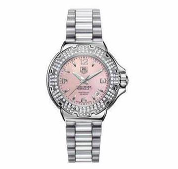 The pink dials fake watches are decorated with diamonds.
