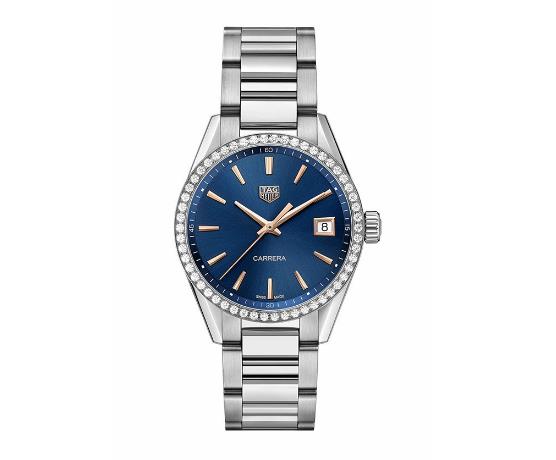 The blue dials fake watches are decorated with diamonds.
