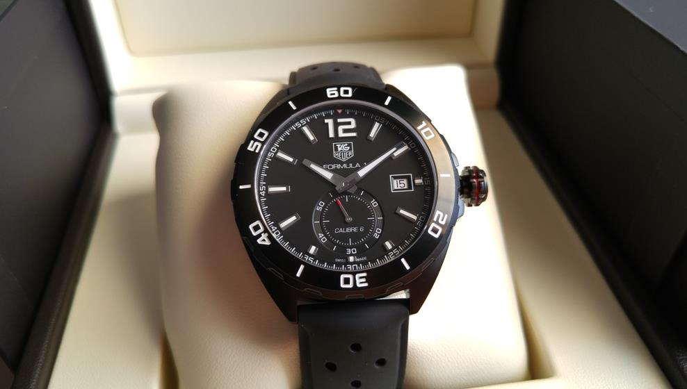 The male copy watches have black leather straps.