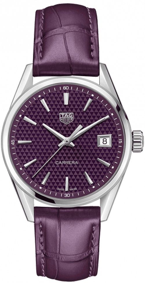 The stainless steel copy watches have purple dials.
