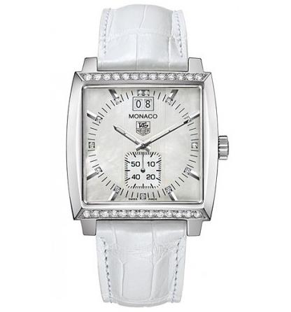 The white leather straps copy watches are decorated with diamonds.